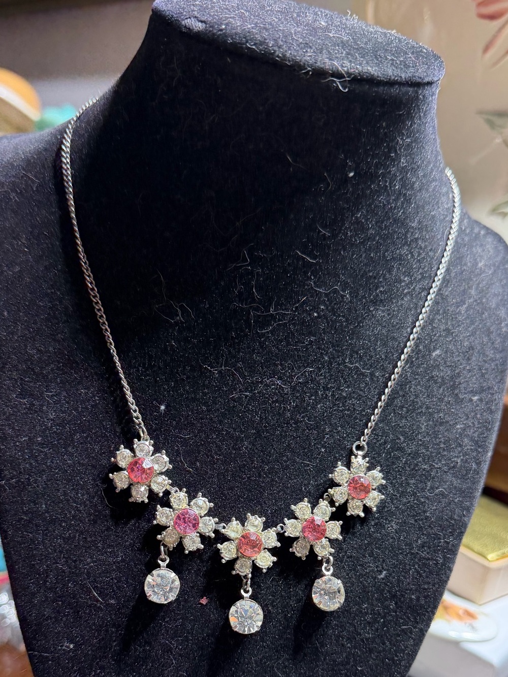 Vintage Silver Tone Pink Crystal Floral Necklace